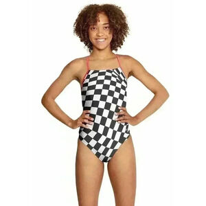 NWT Womens Speedo Vibe Printed T-Back Black White One Piece Swimsuit 24